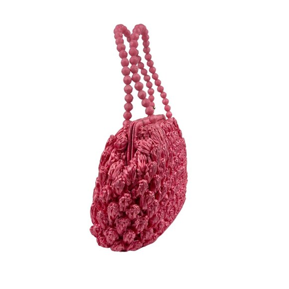 Pink Straw Handbag with Beaded Handle - Picture 2 of 4